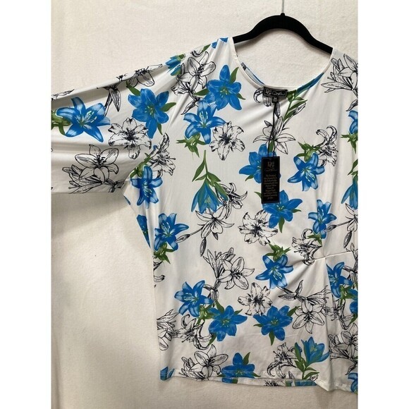 New DG2 Diane Gilman Floral Top Shirt 3/4 Sleeves Blue White Black Floral Ruffle - Picture 12 of 14
